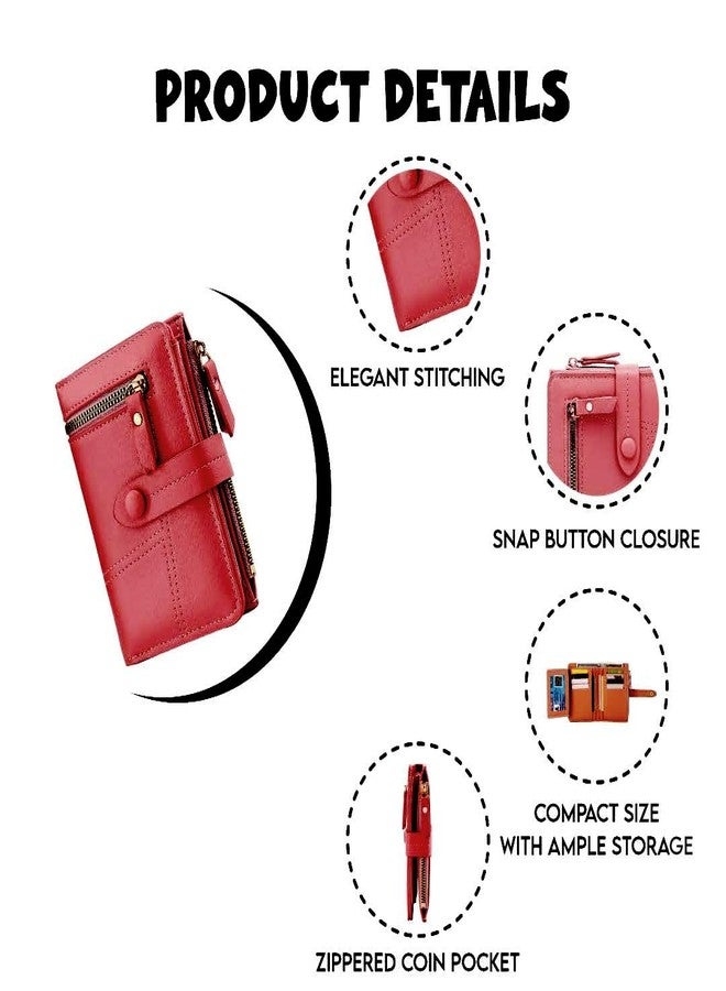 Elios Women's Wallet Vegan Leather Bifold Small Card Holder Coin Holder Compact Ladies Purse with 12 Card Slots, Zipper Pocket and RFID Blocking | Snap Closure | Mini Purse for Women (Red) - Image 2